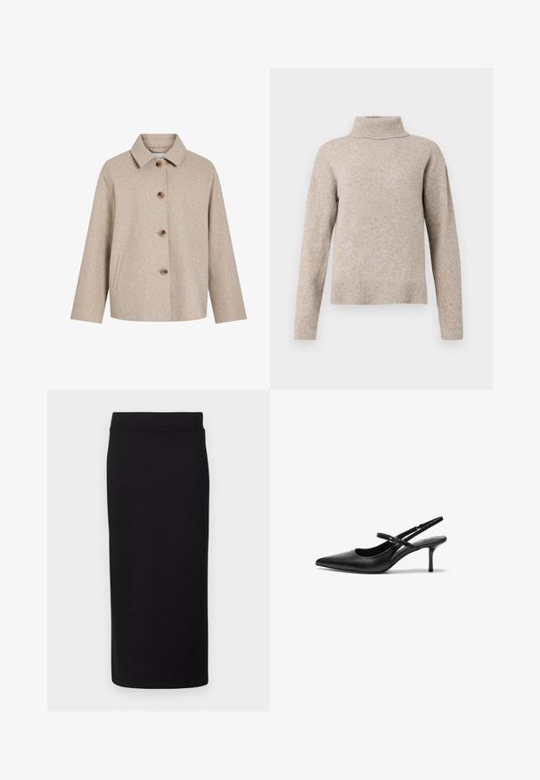 Beige uldblandingsjakke med krave, fem brune knapper, sidelommer og en boksformet silhuet. Blød tekstur og minimalistisk design.; Beige rullekrave sweater lavet af blødt strikstof, med ribbet krave og manchetter, afslappet pasform og glat tekstur.; Sort knælang nederdel lavet af blødt, strækbart stof. Har en sømløs talje og en tætsiddende silhuet med en glat tekstur.; Sorte læder slingback hæle med spids tå, slank justerbar rem og en stiletto hæl på cirka 5 cm, glat tekstur.