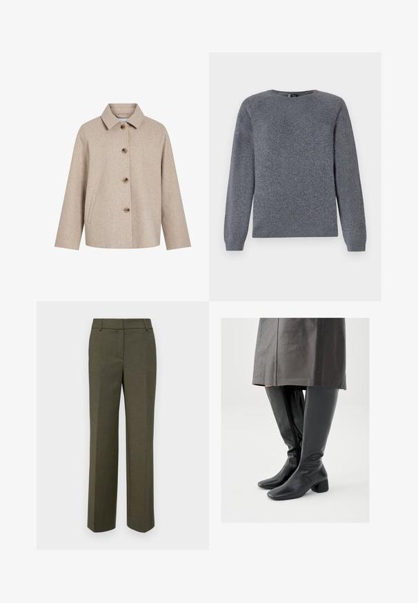 Beige uldblandingsjakke med krave, fem brune knapper, sidelommer og en boksformet silhuet. Blød tekstur og minimalistisk design.; Pieces PCBREE O NECK - Striktrøje - dark grey melange; Olivengrøn skræddersyede bukser lavet af tekstureret stof. Har et lige ben-design med flad front og ingen synlige dekorationer.; Knæhøje sorte læderstøvler med firkantet tå, skråt stillet blokhæl og en sidesyning; glat tekstur og tætsiddende design.