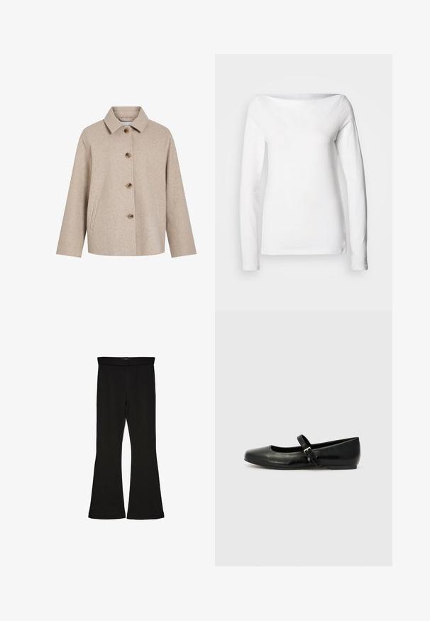 Beige uldblandingsjakke med krave, fem brune knapper, sidelommer og en boksformet silhuet. Blød tekstur og minimalistisk design.; Langærmet, hvid, bomuldsskjorte med bred bådudskæring og en figursyet silhuet. Glat tekstur uden synlige mønstre eller accenter.; Sorte flared leggings lavet af strækbart stof. Har en bred talje og en glat tekstur, med en tætsiddende silhuet der bredder sig ved sømmen.; Sorte læder balletflade med rund tå, flad sål og en tynd justerbar rem over svangen med en metalspænde.