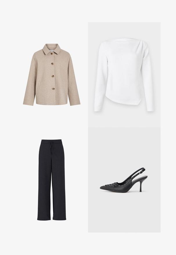 Beige wollen mix jas met een kraag, vijf bruine knopen, zijzakken en een boxy silhouette. Zachte textuur en minimalistisch ontwerp.; Witte blouse met lange mouwen, boothals en licht asymmetrische zoom, getoond op een effen lichte achtergrond.; Donkere grijze wijde broek met een gestructureerde stof, voorzien van een elastische tailleband en verstelbare trekkoord voor een comfortabele pasvorm.; Zwarte leren slingback stiletto met spitse neus, zijgesp met gesp, studs langs de rand en decoratieve veters aan de voorkant.