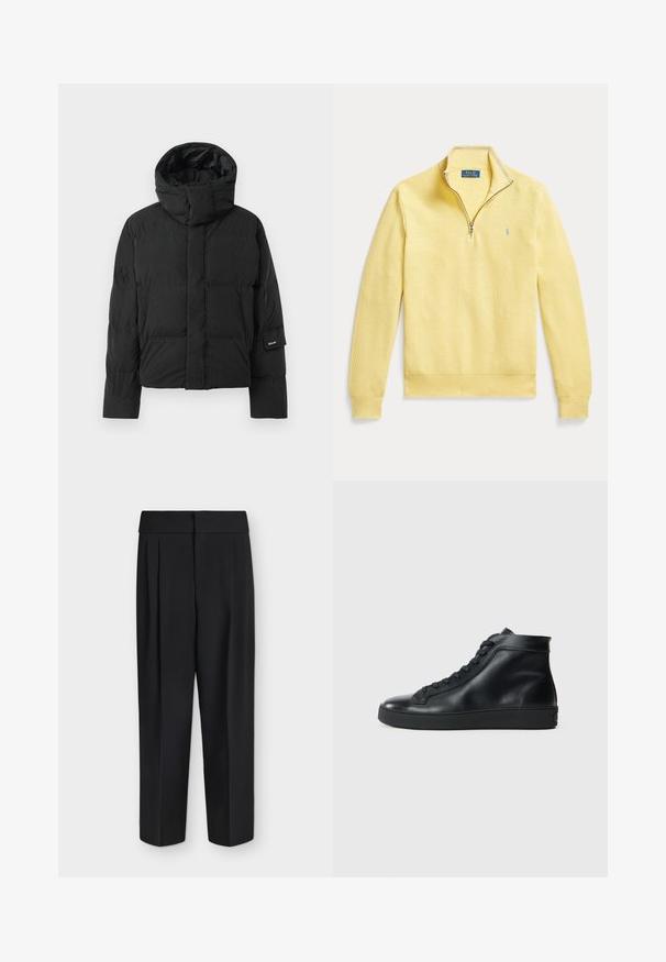 Veste matelassée noire avec un col montant, dotée d'une texture de tissu lisse, d'une fermeture éclair et de deux poches avant. Étiquette de marque sur la manche.; Pull jaune clair à manches longues avec fermeture éclair au quart, poignets et col côtelés, logo polo sur la poitrine gauche, posé à plat sur un fond blanc.; Pantalon noir taille haute à jambes droites avec plis devant et large ceinture, présenté à plat sur fond blanc.; Baskets montantes noires en cuir lisse avec un bout rond, semelle en caoutchouc plate et fermeture lacée à l'avant. Lignes épurées et accents minimalistes.