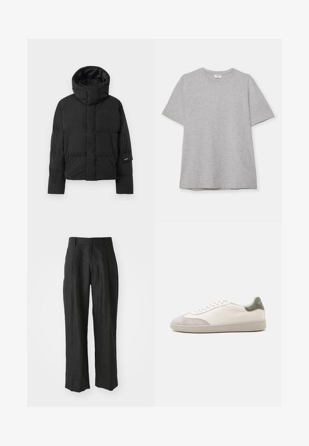 Veste matelassée noire avec un col montant, dotée d'une texture de tissu lisse, d'une fermeture éclair et de deux poches avant. Étiquette de marque sur la manche.; T-shirt gris à manches courtes fabriqué en tissu doux et texturé. Présente un col rond classique et un ourlet droit, idéal pour une tenue décontractée.; Pantalons en lin noir avec une coupe droite, ornés de plis distinctifs à l'avant et d'une finition lisse et texturée.; Baskets basses blanches avec accents en daim gris clair sur le bout et le talon, lacets blancs et semelle beige plate, vues de côté extérieur.