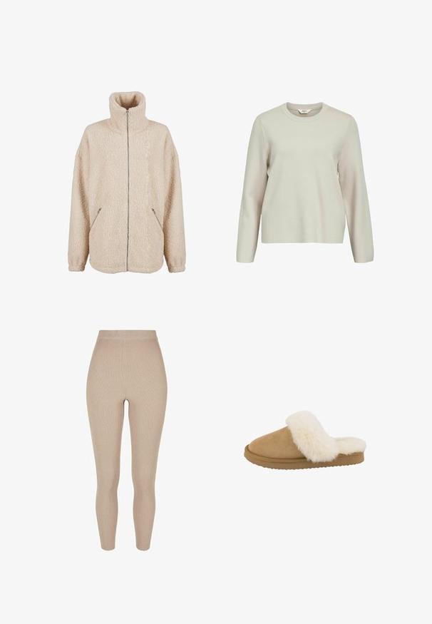 Beige sherpa-jakke med høj krave, fuld lynlås og sidelommer. Blødt, struktureret stof med en afslappet pasform.; Lys beige langærmet sweater med rund hals. Lavet af struktureret strikmateriale, med let sænkede skuldre og afslappet pasform.; Ribbede leggings i en lys beige farve, med høj talje og tætsiddende design, lavet af et strækbart stof for komfort og fleksibilitet.; Tan ruskinds slippers med en cremefarvet faux fur krave, rund tå og tekstureret gummisål. Har et slip-on design for nem påføring.