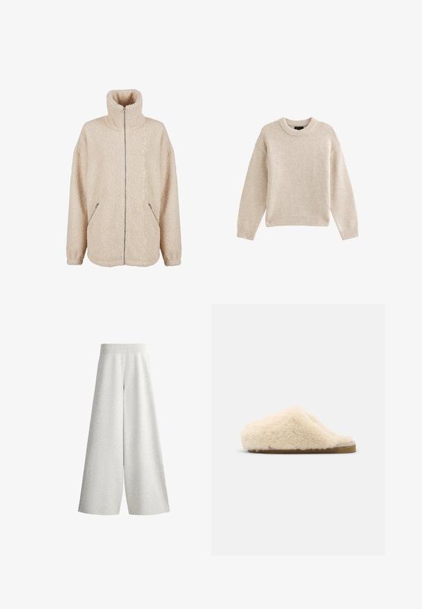 Beige sherpa jack met hoge kraag, volledige ritssluiting en zijzakken. Zachte, gestructureerde stof met een losse pasvorm.; Beige gebreide trui met een ronde halslijn, lange mouwen en geribbelde zoom. Gelaagd stof met een zachte uitstraling. Eenvoudig en veelzijdig ontwerp.; Lichtgrijze gebreide broek met wijde pijpen, een geribde elastische tailleband en details op de zijpanelen, getoond op een witte achtergrond.; Shepherd Pantoffels - creme