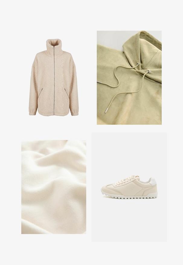 Beige sherpa-jakke med høj krave, fuld lynlås og sidelommer. Blødt, struktureret stof med en afslappet pasform.; Beige hættetrøje lavet af blødt, tekstureret stof. Har en snor med metalliske ender og en afslappet pasform.; Cremefarvet, blødt stof med en glat, let struktureret overflade, der viser bløde folder og subtile farvevariationer.; Beige sneakers lavet af glat læder med en hvid gummisål. Har runde snørebånd og et logo på ydersiden. Tekstureret sål for godt greb.
