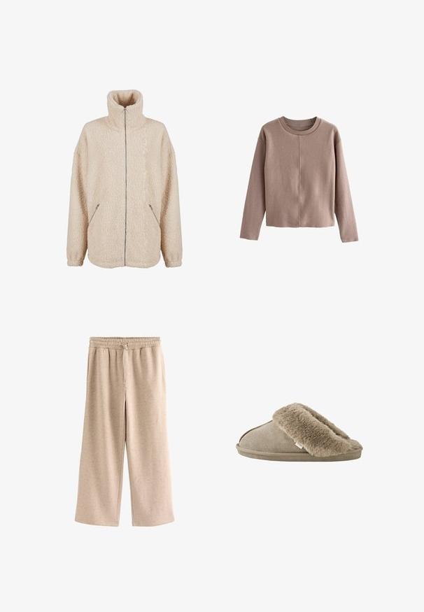 Beige sherpa jack met hoge kraag, volledige ritssluiting en zijzakken. Zachte, gestructureerde stof met een losse pasvorm.; Lichtbruine, korte trui van zachte stof, met een ronde ribbelboord en lange mouwen met een soepele textuur en minimale naden.; Beige broek met wijde pijpen, een elastische tailleband en een koordje, gemaakt van een zachte, gevlekte stof.; Beige instapslof met zachte, pluche bontvoering rond de opening en een suède-achtige buitenzool.