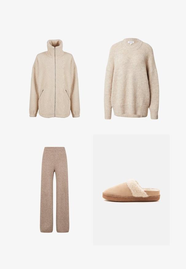 Beige sherpa jack met hoge kraag, volledige ritssluiting en zijzakken. Zachte, gestructureerde stof met een losse pasvorm.; Beige gebreide trui met een ronde hals, verlaagde schouders en geribbelde manchetten en zoom. Heeft een gestructureerde, licht losse pasvorm.; Brede gebreide broek in een lichtbruine tint met een ribbel waistband en manchetten, gemaakt van een zachte, gestructureerde stof. Geen zichtbare zakken.; Beige instap pantoffel met zachte, pluizige witte voering en een bruine rubberen zool, zijaanzicht op een effen achtergrond.