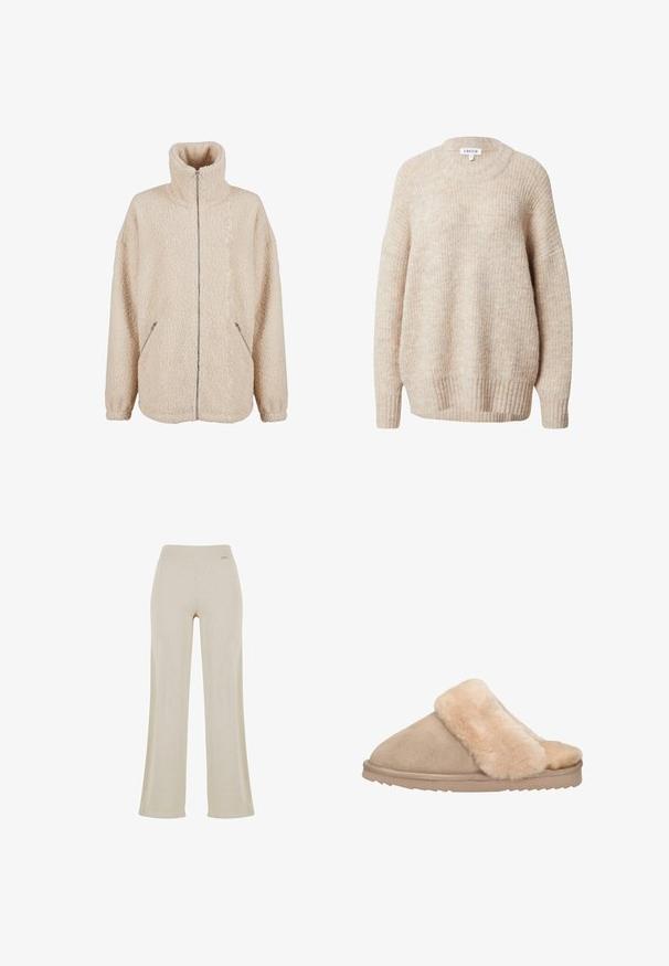 Beige sherpa jack met hoge kraag, volledige ritssluiting en zijzakken. Zachte, gestructureerde stof met een losse pasvorm.; Beige gebreide trui met een ronde hals, verlaagde schouders en geribbelde manchetten en zoom. Heeft een gestructureerde, licht losse pasvorm.; Beige wijde broek met een gladde ribbelstructuur, elastische tailleband en geen zichtbare versieringen, die een ontspannen silhouet biedt.; Beige slipper met een zachte, met bont gevoerde bovenkant, voorzien van een strak ontwerp, ronde neus en een duurzame rubberen zool met een gestructureerde grip.
