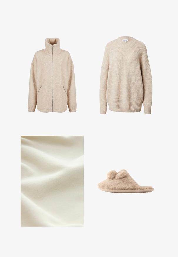 Beige sherpa jack met hoge kraag, volledige ritssluiting en zijzakken. Zachte, gestructureerde stof met een losse pasvorm.; Beige gebreide trui met een ronde hals, verlaagde schouders en geribbelde manchetten en zoom. Heeft een gestructureerde, licht losse pasvorm.; Lichtbeige stof met een gladde, licht gestructureerde oppervlakte, die zachte plooien en subtiele schaduwen in het materiaal toont.; Beige, pluizige instapslof met twee pompons bovenop en een platte zool, ontworpen voor binnenshuis gebruik.