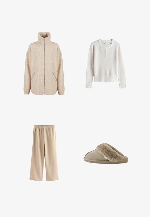 Beige sherpa jack met hoge kraag, volledige ritssluiting en zijzakken. Zachte, gestructureerde stof met een losse pasvorm.; Crèmekleurige geribde gebreide trui met lange mouwen, een ronde hals en vijf kleine knopen op de voorste knoopsluiting.; Crème-kleurige wijde broek gemaakt van een zachte katoenmix. Heeft een elastische tailleband met trekkoord en een subtiele gespikkelde textuur.; Beige instapslof met zachte, pluche bontvoering rond de opening en een suède-achtige buitenzool.