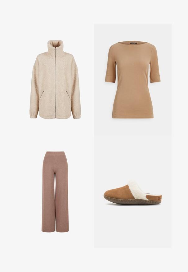 Beige sherpa-jakke med høj krave, fuld lynlås og sidelommer. Blødt, struktureret stof med en afslappet pasform.; Lysebrun tætsiddende T-shirt med rund halsudskæring, korte opviklede ærmer og en glat bomuldstekstur. Simpelt design uden synlige mønstre.; Brune, vide strikkede bukser med et tekstureret stof, der har en elastisk talje og en løs pasform for komfort.; Brune ruskindssutsko med en hvid fluffy foring og en tekstureret sål. Har en syet kant og en lille brandingdetalje på hælen.