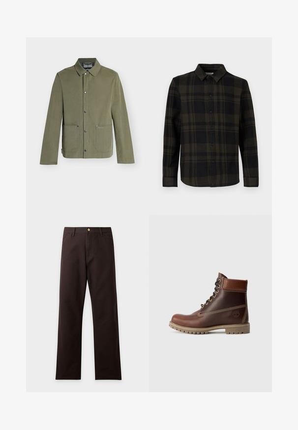Veste décontractée vert olive avec fermeture à boutons-pression, deux poches avant et un col classique, style homme.; Chemise à carreaux noirs et verts foncés en tissu, avec patte de boutonnage, manches longues et col classique.; Pantalon marron foncé à jambes droites avec poches avant, fermeture boutonnée et passants de ceinture, présenté sur un fond clair uni.; Bottine en cuir marron à lacets, avec un col rembourré, des coutures contrastées et une semelle robuste, vue de l'extérieur sur un fond blanc.