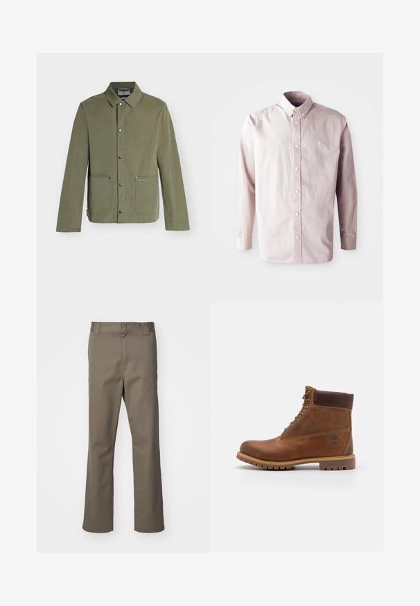 Veste décontractée vert olive avec fermeture à boutons-pression, deux poches avant et un col classique, style homme.; Chemise à manches longues rose clair à boutons, en coton, dotée d'un col classique, de boutons sur le devant et d'un petit logo sur la poitrine gauche.; Pantalons marron à jambes droites avec passants de ceinture, fermeture éclair à l'avant et sans poches visibles, présentés sur un fond blanc.; Botte de randonnée en cuir marron avec une finition lisse, cheville rembourrée, œillets en métal et semelle en caoutchouc dotée d'un motif de crampons robuste.