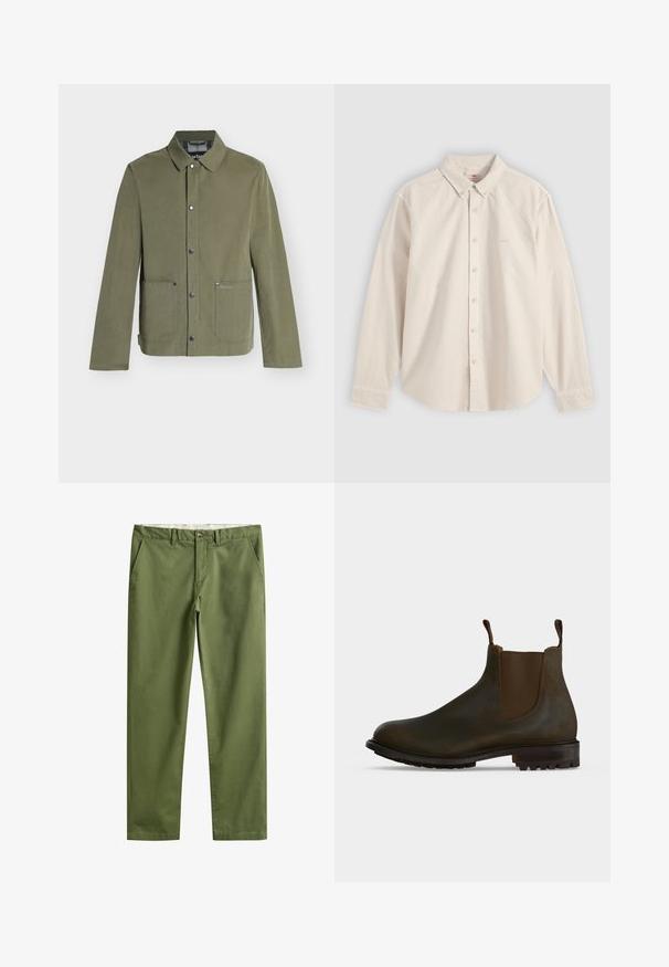 Veste décontractée vert olive avec fermeture à boutons-pression, deux poches avant et un col classique, style homme.; Chemise beige à manches longues avec col et poignets, boutonnée, posée à plat sur un fond gris clair.; Pantalon droit vert olive avec passants de ceinture, bouton avant, fermeture éclair et poches latérales.; Bottine Chelsea en cuir marron foncé avec panneaux latéraux élastiques, languettes à la cheville et semelle en caoutchouc crantée.