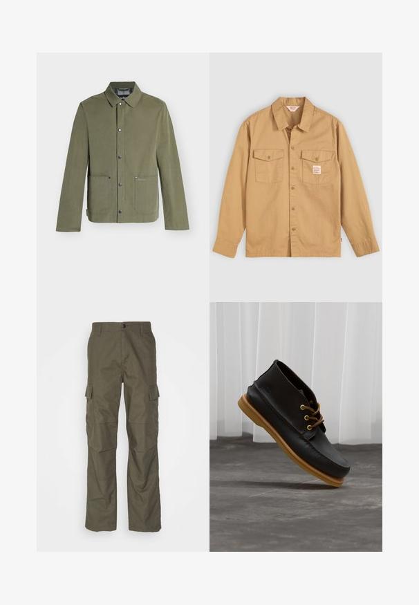 Veste décontractée vert olive avec fermeture à boutons-pression, deux poches avant et un col classique, style homme.; Chemise beige à manches longues, avec deux poches sur la poitrine et une petite étiquette. Fabriquée en coton avec une texture lisse et un design de col classique.; Pantalons cargo olive avec une coupe droite, fabriqués en tissu texturé. Présente de grandes poches latérales et une fermeture à bouton.; Chaussures en cuir noir avec une finition lisse, bout rond, lacets marron et semelles en caoutchouc marron clair. Logo embossé sur le côté.