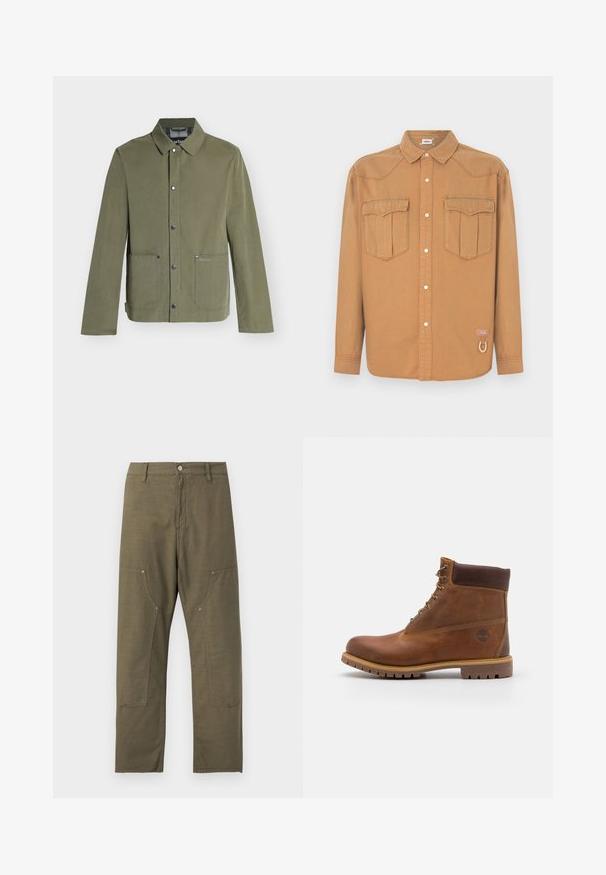Veste décontractée vert olive avec fermeture à boutons-pression, deux poches avant et un col classique, style homme.; Chemise en denim marron avec deux poches poitrine, col pointu, devant boutonné et coutures contrastées. Présente un patch logo et un détail boucle.; Pantalon droit vert olive avec poches plaquées à l'avant, passants pour ceinture, fermeture par bouton et détails de coutures apparentes.; Botte de randonnée en cuir marron avec une finition lisse, cheville rembourrée, œillets en métal et semelle en caoutchouc dotée d'un motif de crampons robuste.