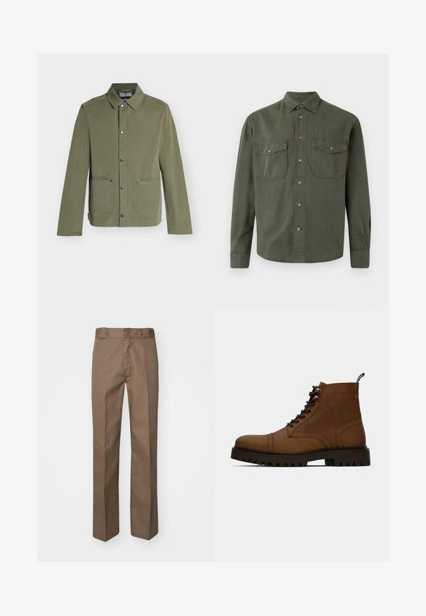 Veste décontractée vert olive avec fermeture à boutons-pression, deux poches avant et un col classique, style homme.; Chemise à manches longues kaki en coton. Elle présente un devant à boutons, deux poches poitrine avec rabats et un col classique. Design simple.; Pantalon marron à design plat sur le devant, jambes droites et taille classique. Fabriqué en tissu durable, sans motifs ni ornements visibles.; Botte de cheville en cuir marron à lacets avec semelle crantée noire épaisse et languette, sur fond blanc.
