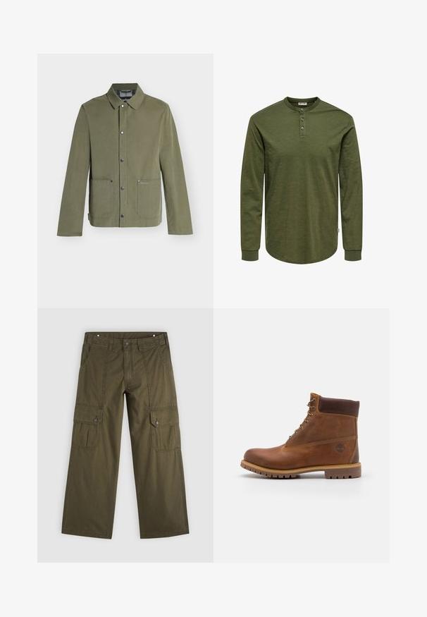 Veste décontractée vert olive avec fermeture à boutons-pression, deux poches avant et un col classique, style homme.; Chemise vert olive à manches longues avec un col henley, trois boutons et un ourlet incurvé. Confectionnée dans un tissu doux et texturé avec des poignets ajustés.; Pantalon cargo large couleur vert olive avec poches à rabat boutonnées sur les cuisses et poches latérales avant.; Botte de randonnée en cuir marron avec une finition lisse, cheville rembourrée, œillets en métal et semelle en caoutchouc dotée d'un motif de crampons robuste.