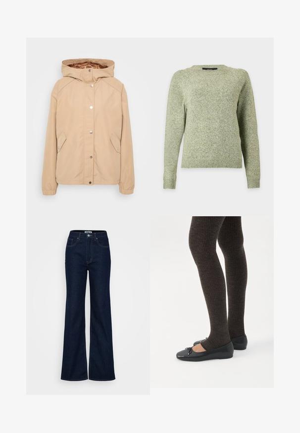 Beige hoodie met drukknopen, zijzakken, elastische mouwen en een gladde textuur. Verstevigde schoudernaden en zichtbaar interieurvoering.; Lichtgroene gebreide trui met ronde hals, lange mouwen en geribbelde boorden en zoom, getoond op een effen achtergrond.; ONLY Tall ONLJUICY WIDE RINSE - Wide leg - dark blue denim; Benen met donkere geribbelde leggings gecombineerd met zwarte ballerina's met kleine strikdetails op een witte achtergrond.