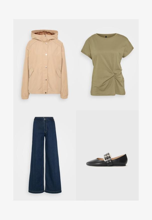 Beige kapuzenjacke mit Druckknopfverschluss, Seitentaschen, elastischen Ärmeln und glatter Textur. Verstärkte Schulternähte und sichtbares Innenfutter.; Olivgrünes Kurzarm-T-Shirt aus weicher Baumwolle mit einem gedrehten Knoten-Detail an der Seite und einem gerippten runden Ausschnitt.; Weite Denim-Jeans in Dunkelblau mit hoher Taille, Knopfverschluss und dezenten Nähten entlang der Nähte.; Schwarzer flacher Lederschuh mit spitz zulaufender Schuhspitze und einem dekorativen Riemen mit silberfarbener Schnalle sowie kleinen Ausschnitten.