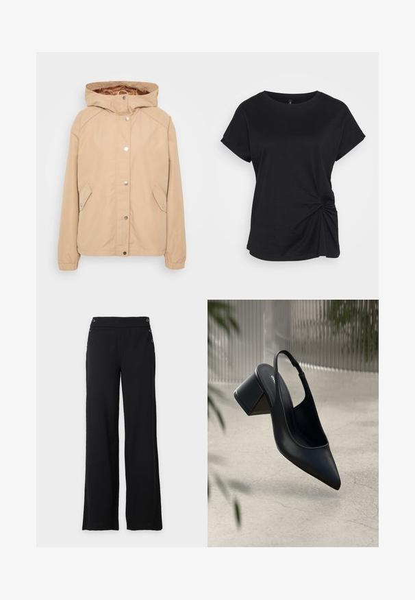 Beige kapuzenjacke mit Druckknopfverschluss, Seitentaschen, elastischen Ärmeln und glatter Textur. Verstärkte Schulternähte und sichtbares Innenfutter.; Schwarzes T-Shirt aus Baumwolle mit rundem Halsausschnitt, kurzen Ärmeln und einem verdrehten Detail auf der linken Seite. Glatte Textur.; Schwarze, weit geschnittene Hose mit hohem Bund und dekorativen Knöpfen vorne und an den Seiten.; Schwarze Leder-Slingback-Pumps mit spitzem Zehenbereich und Blockabsatz. Glatte Textur, minimalistisches Design und verstellbarer Knöchelriemen.