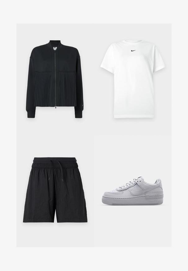 Schwarze Jacke mit einem Reißverschluss vorne, bestehend aus einem glatten oberen Abschnitt und einem gefältelten unteren Abschnitt. Hergestellt aus weichem, dehnbarem Material.; Weißes T-Shirt mit kurzen Ärmeln und Rundhalsausschnitt, mit kleinem schwarzen Nike-Swoosh-Logo, das zentriert unter dem Halsausschnitt platziert ist.; Schwarze, strukturierte Sportshorts mit elastischem Bund, verstellbarem Kordelzug und Seitentaschen, dargestellt vor weißem Hintergrund.; Graue Nike Air Force 1 Sneaker mit perforierter Zehenpartie, Obermaterial aus glattem Leder, dicker Sohle und geprägtem 'AIR'-Detail an der Ferse.