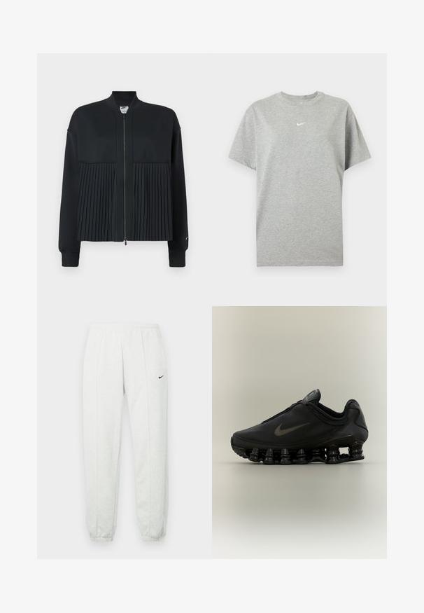 Sort jakke med lynlås fortil, der har en glat overdel og en plisseret nederdel. Består af blødt, strækbart materiale.; Grå kortærmet bomuld T-shirt med rund hals og lille hvid Nike swoosh logo centreret på brystet.; Lysegrå Nike joggingbukser med elastisk taljebånd, tilspidsede manchetter og et lille sort logo på venstre lår. Blødt, tekstureret stof.; Sort Nike-sneaker med lynlåsfunktion øverst og karakteristisk fjederlignende opdelt sål, vist i sideprofil mod en neutral baggrund.