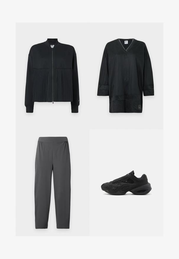 Zwarte jas met een ritssluiting aan de voorkant, met een glad bovenste gedeelte en een geplooid ondergedeelte. Gemaakt van een zachte, rekbare stof.; Zwart Nike-jersey met korte mouwen en een V-hals, met verticale ribbels, gestikte accenten en een logo op de linkerborst. Lichtgewicht stof.; Grijze sportbroek met een elastische tailleband, taps toelopende pijpen en twee zijzakken. Soepele textuur en lichtgewicht stof.; Zwarte sportschoen met meshpanelen, dikke gewatteerde zool en klein swoosh-logo aan de zijkant, gefotografeerd tegen een effen achtergrond.