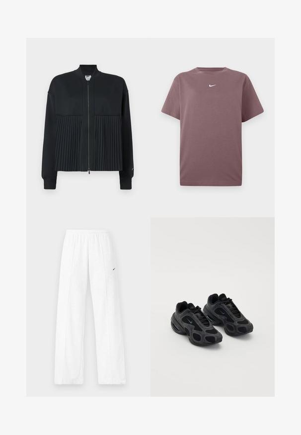Zwarte jas met een ritssluiting aan de voorkant, met een glad bovenste gedeelte en een geplooid ondergedeelte. Gemaakt van een zachte, rekbare stof.; Effen mauve korte mouwen crewneck t-shirt met een klein wit Nike swoosh op de borst, weergegeven op een witte achtergrond.; Witte sweatpants met elastische tailleband en zwarte Nike-swoosh op de linker dij, afgebeeld tegen een effen achtergrond.; Zwarte Nike sneakers met mesh- en suèdepanelen, unieke uitsparingen en gevoerde kraag. Glanzende accenten aan de zijkanten benadrukken een modern ontwerp.