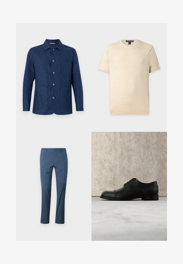 Mørkeblå linned skjortejakke med en lige krave, fem knapper, en brystlomme og to forlommer. Glat tekstur og enkelt design.; Enkel beige T-shirt med korte ærmer og rund hals med Michael Kors label inde i kraven, vist mod en lysegrå baggrund.; Blå skræddersyede herrebukser med bæltestropper og en tætsiddende pasform, vist fladt på en hvid baggrund.; Sort lædersko med glat finish, rund tå og dekorative perforeringer. Har fem snørehuller og en flad sål.