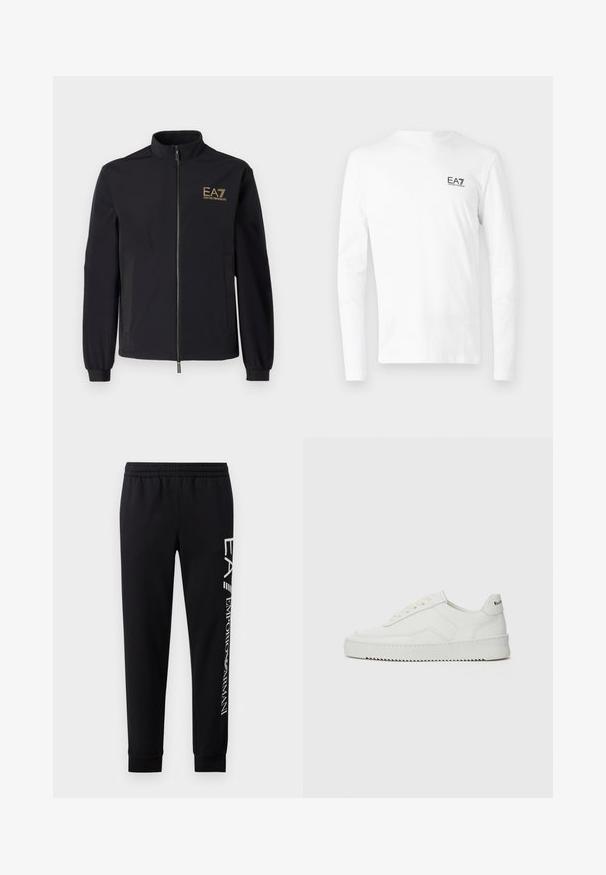 Veste softshell noire avec un col montant, fermeture éclair à l'avant et deux poches latérales. Présente un logo EA7 Emporio Armani doré sur la poitrine.; T-shirt blanc à manches longues en coton, comportant un petit logo EA7 noir sur le côté gauche de la poitrine. Design simple avec un col rond.; Pantalons de survêtement noirs en mélange de coton, dotés d'une taille élastique, de jambes fuselées, de poignets côtelés et d'un imprimé logo blanc sur le côté.; Baskets en cuir blanc avec une finition lisse, bout arrondi, lacets plats et semelle texturée. Présente un logo discret sur le talon.
