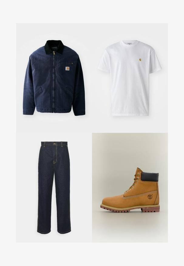 Chaqueta de trabajo azul marino con un collar de pana negro, cierre frontal, bolsillo en el pecho y dos bolsillos laterales. Tejido suave con un corte estructurado.; Camiseta de algodón blanca con mangas cortas, cuello redondo, que presenta un pequeño logo dorado en la parte izquierda del pecho. Textura suave y corte regular.; Jeans de mezclilla oscuros de pierna ancha con costuras amarillas, que cuentan con un cierre frontal de botón y bolsillos laterales. Textura suave y diseño tradicional.; Bota de tobillo de cuero marrón con cuello negro, cordones amarillos y suela beige. Presenta un logotipo y detalles de costura blanca. Suela exterior con tracción robusta.