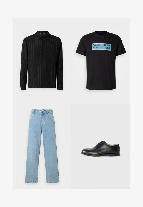 Veste noire avec des rayures verticales en rouge foncé, dotée d'un col, d'une fermeture à boutons et de manches longues. Fabriquée en tissu lisse.; T-shirt en coton noir avec un texte en bleu et noir audacieux : "CALVIN NEW KLEIN YORK" sur le devant. Design classique à col rond, manches courtes.; Jean droit en denim bleu clair avec poches avant, passants pour ceinture, fermeture par boutons et détails de coutures visibles sur fond blanc.; Calvin Klein ESS DERBY - Derbies - triple black