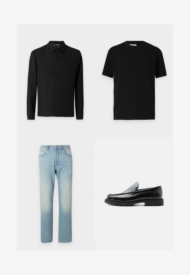 Zwarte jas met verticale pinstripes in donkerrood, voorzien van een kraag, knoopsluiting en lange mouwen. Gemaakt van een gladde stof.; Zwarte t-shirt met korte mouwen van katoen, met een ronde halslijn en een losse pasvorm. Gladde textuur, zonder patronen of zichtbare logo's.; Lichtblauwe jeans van denim, met een rechte pijpdesign, vijf zakken en een vervaagde was-effect op de dijen.; Zwarte leren loafer met dikke rubberen zool, gestikte bovenkant en gegraveerde merknaam op de hiel, zijaanzicht op witte achtergrond.