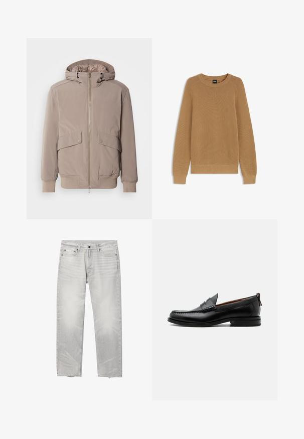 Veste bomber beige clair avec fermeture éclair à l'avant, deux poches avant et une capuche. Présente des poignets et un ourlet côtelés, finition en tissu lisse.; Pull en tricot à manches longues marron clair avec col rond et poignets et ourlet côtelés, étiqueté avec une étiquette noire BOSS à l'intérieur du col.; Jean droit gris clair avec cinq poches, fermeture par bouton et zip, et logo Calvin Klein sur la petite poche avant.; Mocassin homme en cuir noir avec couture moc toe, bride penny, col texturé et petit talon empilé sur fond blanc.