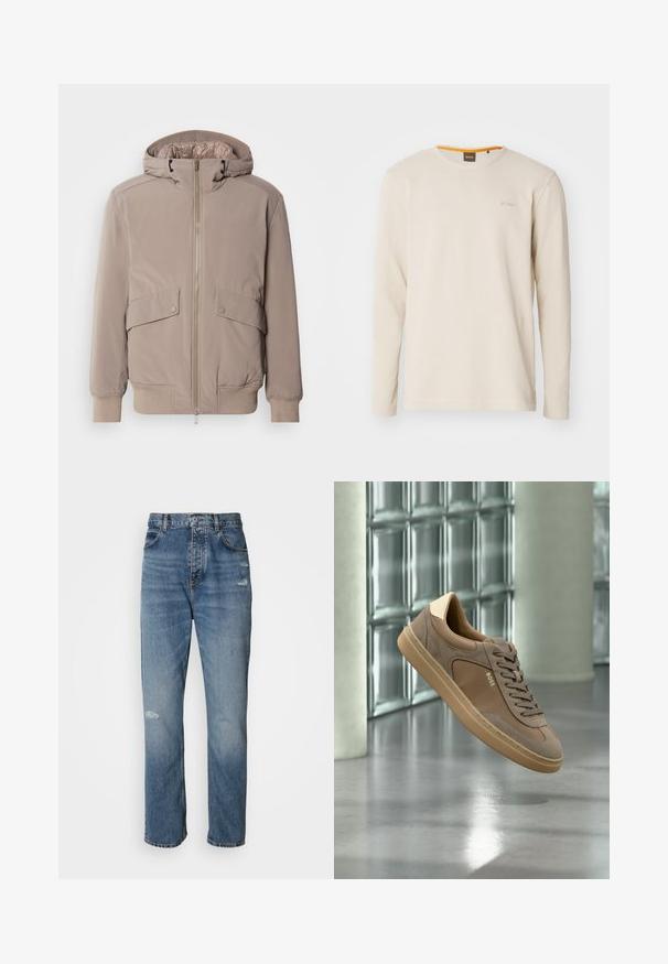 Veste bomber beige clair avec fermeture éclair à l'avant, deux poches avant et une capuche. Présente des poignets et un ourlet côtelés, finition en tissu lisse.; T-shirt beige clair à manches longues en tissu texturé. Présente un col ras du cou et un petit logo sur la poitrine avec un accent orange à l'intérieur du col.; Jean en denim bleu clair au design droit, avec une fermeture à bouton et zip, cinq poches et des détails usés près des genoux.; Baskets décontractées beiges avec lacets et logo « BOSS », flottant au-dessus d’un sol en béton poli avec un mur en blocs de verre en arrière-plan.