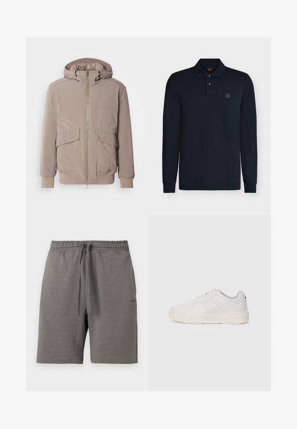 Veste bomber beige clair avec fermeture éclair à l'avant, deux poches avant et une capuche. Présente des poignets et un ourlet côtelés, finition en tissu lisse.; Polo bleu marine à manches longues avec deux boutons, poignets côtelés et petit écusson logo "BOSS" sur la poitrine.; Shorts à taille élastique grise avec cordon de serrage, poches latérales et logo discret "HUGO" sur la cuisse droite.; Baskets blanches avec une tige texturée, des détails perforés, une languette en mesh gris clair et une semelle en caoutchouc crème. Présente un marquage minimal sur le côté.