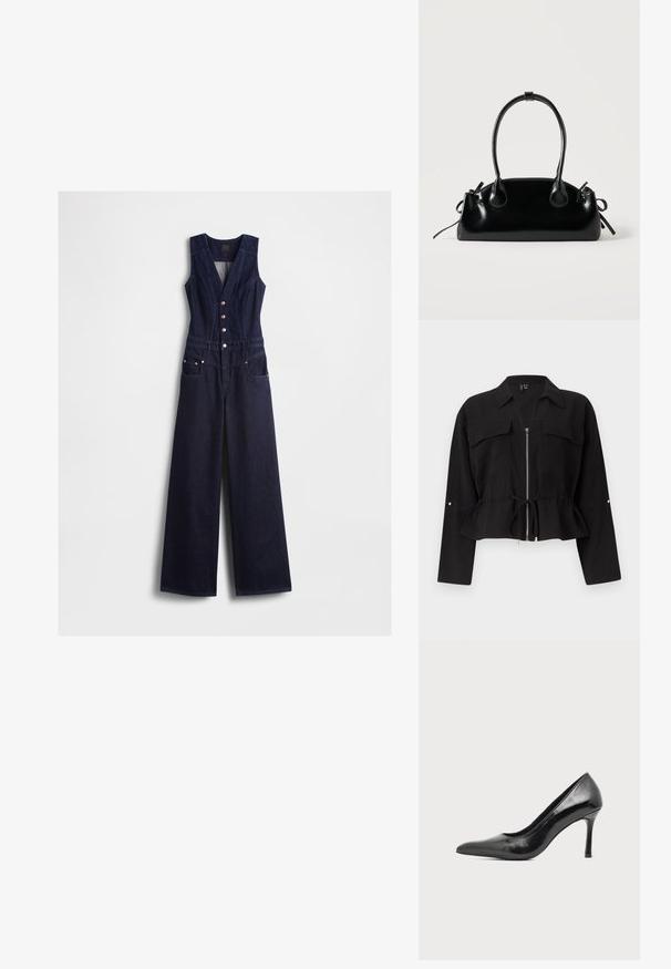 Veste noire à manches longues avec col, fermeture éclair à l’avant, deux poches poitrine avec rabats et taille ajustable par cordon.; Combinaison en denim bleu foncé avec un col en V, sans manches, cinq boutons sur le devant et jambes larges. Dispose de deux poches latérales.; Chaussure à talon haut pour femme en cuir verni noir avec bout pointu et talon fin sur fond clair uni.; Petit sac à main noir brillant avec deux longues anses et des détails à cordon sur les côtés sur un fond clair uni.