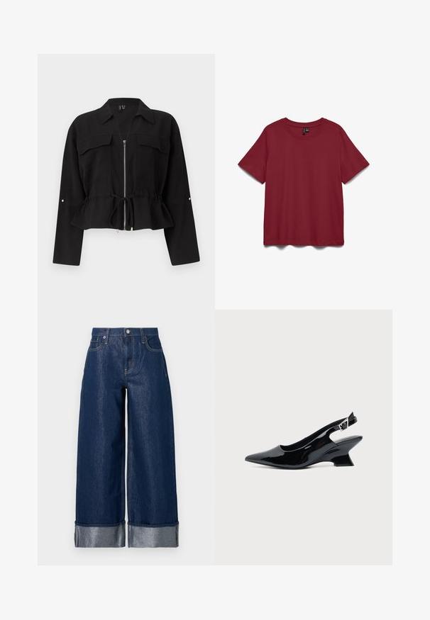 Veste noire à manches longues avec col, fermeture éclair à l’avant, deux poches poitrine avec rabats et taille ajustable par cordon.; T-shirt à manches courtes, col rond, uni de couleur rouge foncé, présenté à plat sur fond blanc.; Jean large en denim bleu foncé à taille haute, design à cinq poches, et revers pliés dévoilant le tissu intérieur plus clair.; Chaussure slingback en cuir verni noir avec bout pointu et petit talon bloc incliné sur fond clair uni.