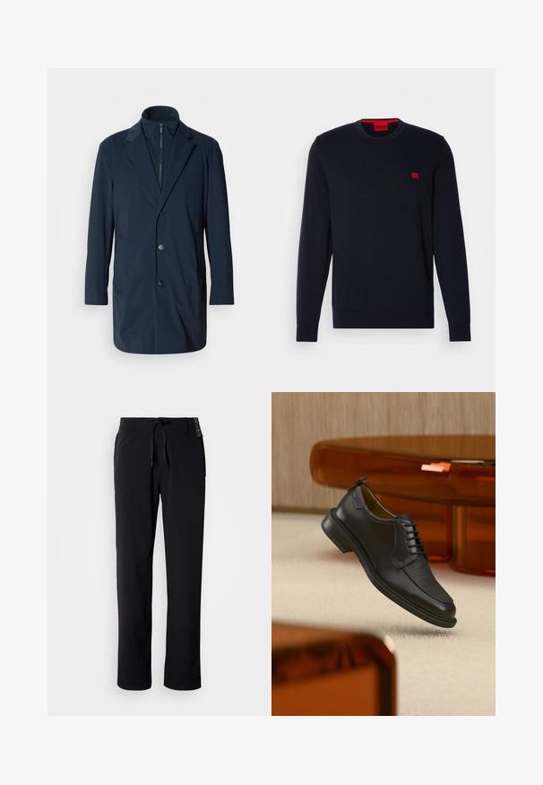 Marineblauer langer Mantel aus glattem Stoff, mit einem Reverskragen, vorderen Knöpfen und Taschen an den Seiten; modernes, maßgeschneidertes Design.; Navyblaues Strickpullover mit Rundhalsausschnitt, gerippten Bündchen und Saum sowie einem kleinen roten Logo auf der Brust. Glatte Textur, lässiges Design.; Schwarze, leichte Hose mit geradem Bein. Verfügt über einen Tunnelzugbund und eine glatte Textur. Geeignet für legere Kleidung.; Schwarzer Leder-Schnürschuh mit texturierter Vorderseite, schwebend über beigem Teppich in einem modernen Raum mit bernsteinfarbenen Möbeln.