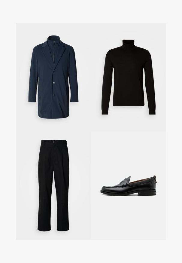 Marineblå lang frakke lavet af glat stof, med en spidset krave, frontknapper og sidelommer; moderne, skræddersyet design.; Sort turtleneck sweater lavet af et fint strikket stof, der har lange ærmer og en tætsiddende silhuet. Glat tekstur med ribbede manchetter.; Sorte lige ben bukser med en knaplukket talje, bæltestropper og en frontfold, præsenteret mod en ensfarvet hvid baggrund.; Sort læder herre loafer med moc-tå syning, penny strop, struktureret krave og lav stablet hæl på hvid baggrund.