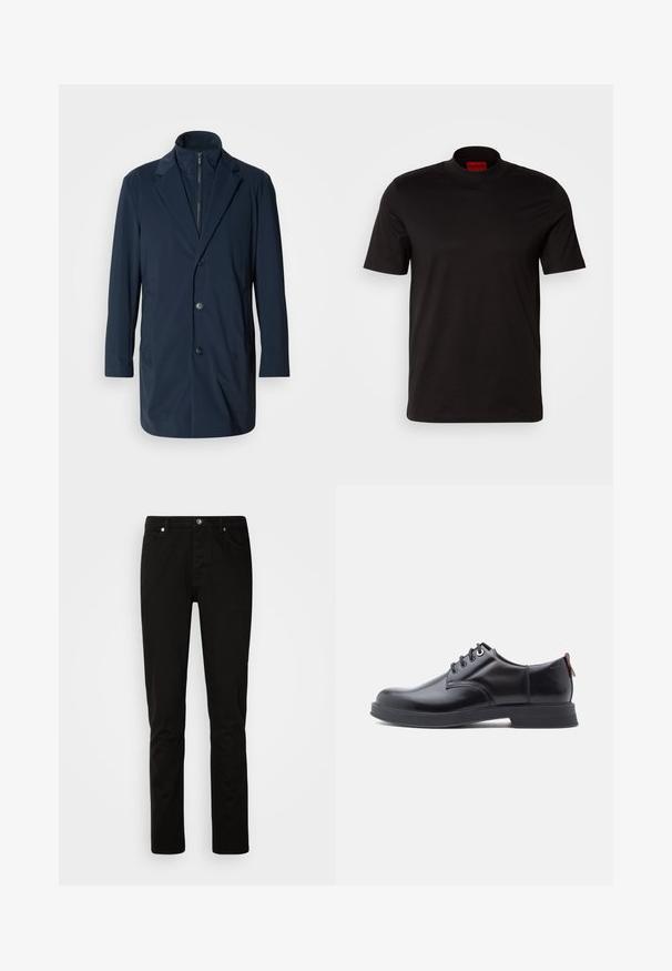 Marineblå lang frakke lavet af glat stof, med en spidset krave, frontknapper og sidelommer; moderne, skræddersyet design.; Sort kortærmet t-shirt med høj hals design. Fremstillet af glat stof. Har et rødt mærke på indersiden af kraven.; Sorte jeans med lige ben med foran knap- og lynlåslukning, for- og baglommer, vist på en lys ensartet baggrund.; Sorte snørestøvler i læder med glat tekstur, rundet tå og diskrete syningsdetaljer. Har en rød trækflig på hælen.