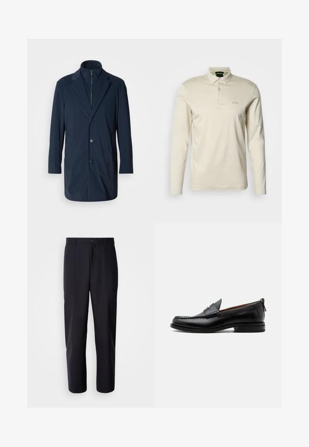 Marineblauwe lange jas van gladde stof, met een geknipte kraag, knopen aan de voorkant en zijzakken; modern, op maat gemaakt ontwerp.; Lange mouwen, poloshirt met kraag van crèmekleurige katoen. Voorzien van een knoopsluiting en een subtiele "BOSS" borduring op de borst.; Donkerblauwe broek van soepel materiaal, met een rechte pijpdesign, twee zijzakken en een knoopsluiting in de taille.; Zwarte leren herensloffen met moc toe stiksel, pennyriem, gestructureerde kraag en lage gestapelde hak op witte achtergrond.