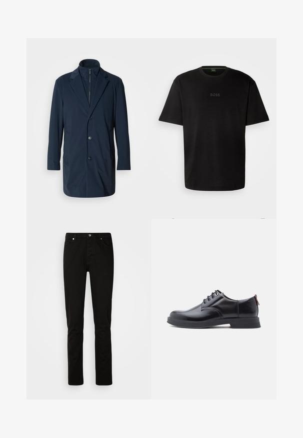 Marineblauer langer Mantel aus glattem Stoff, mit einem Reverskragen, vorderen Knöpfen und Taschen an den Seiten; modernes, maßgeschneidertes Design.; Schwarzes Baumwoll-T-Shirt mit Rundhalsausschnitt, kurzen Ärmeln und dezent eingeprägtem "BOSS"-Logo in der Mitte. Einfaches, minimalistisches Design.; Schwarze Jeans mit geradem Bein, vorne mit Knopf- und Reißverschluss, Vorder- und Gesäßtaschen, dargestellt vor einem schlichten hellen Hintergrund.; Schwarze Leder-Schnürschuhe mit glatter Textur, rundem Zehenbereich und dezenten Ziernähten. Mit einem roten Laschenband an der Ferse.