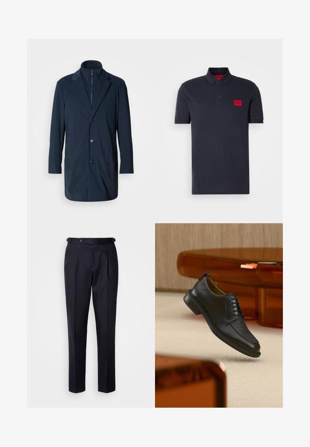 Marineblå lang frakke lavet af glat stof, med en spidset krave, frontknapper og sidelommer; moderne, skræddersyet design.; Marineblå polo t-shirt lavet af bomuld, med en knaplukning i tre knapper, ribbet krave og manchetter, samt et rødt logo patch på venstre bryst.; Marineblå kjolebukser lavet af glat stof med plisseret front, lige ben og en linning med knaplukning.; Sort lædersko med snørebånd og tekstureret front, svævende over beige tæppe i et moderne rum med møbler i ravfarvet toning.