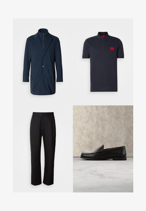 Marineblauer langer Mantel aus glattem Stoff, mit einem Reverskragen, vorderen Knöpfen und Taschen an den Seiten; modernes, maßgeschneidertes Design.; Marineblaues Poloshirt aus Baumwolle, mit einer Knopfleiste mit drei Knöpfen, geripptem Kragen und Bündchen, sowie einem roten Logo-Patch auf der linken Brust.; Schwarze Hosen mit geradem Schnitt, aus leichtem Stoff gefertigt. Verfügt über einen vorderen Knopfverschluss und zwei seitliche Taschen; glatte Textur.; Schwarzer Pennyloafer aus Leder mit niedrigem Absatz, abgerundeter Spitze und genähten Details vorne und an den Seiten, gezeigt vor neutralem Hintergrund.