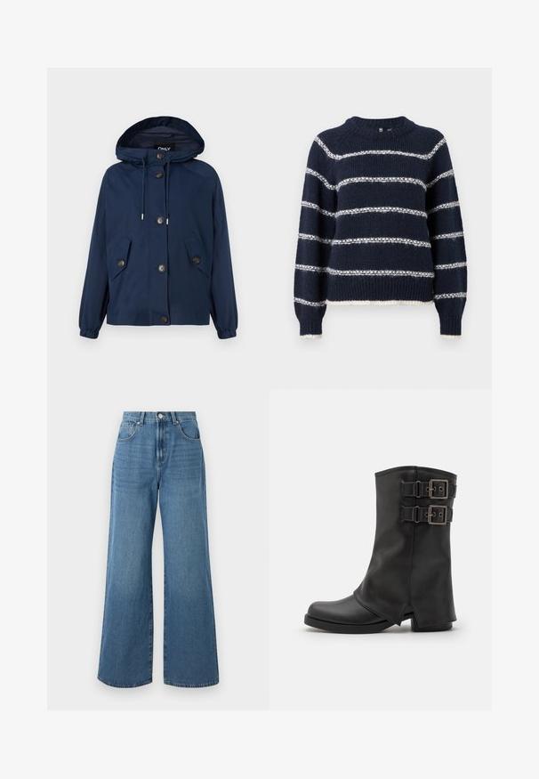 Veste bleu marine avec une capuche, des poignets élastiqués et deux poches avant. Présente une fermeture à boutons et un cordon de serrage au niveau de la capuche. Texture lisse.; Pieces Knitted PCNEILIA - Pullover - sky captain; Jeans en denim bleu à jambes larges avec une taille haute, comprenant des poches avant et arrière, et une fermeture à bouton à la taille. Texture lisse.; Even&Odd Bottes de cowboy / motard - black