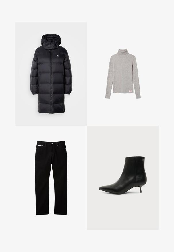 Manteau en noir matelassé avec capuche, doté d'une fermeture éclair, de poignets élastiques et d'un logo sur la poitrine. Texture douce et design long jusqu'aux genoux.; Pull à col roulé côtelé gris clair à manches longues avec un petit écusson du logo CK rouge et blanc près de l'ourlet inférieur.; Jean en denim noir à coupe droite, doté d'une fermeture par bouton et zip, de cinq poches, et d'une petite étiquette logo sur la ceinture.; Bottine en cuir noir avec bout pointu et petit talon kitten sur fond clair, vue côté extérieur.