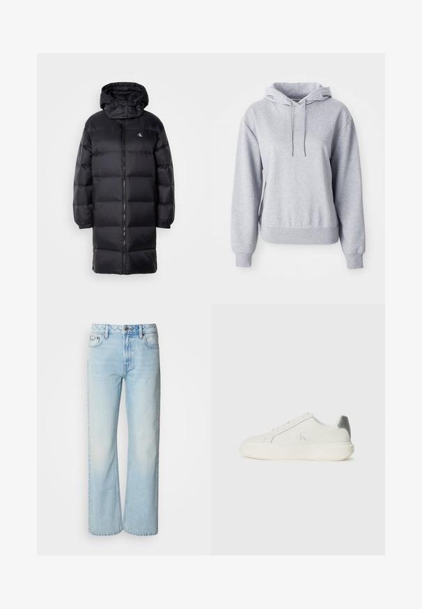 Sort pufferjakke med hætte, der har lynlås lukning, elastiske manchetter og et logo på brystet. Blød tekstur og knælangt design.; Grå hoodie lavet af blødt bomuldsblandet materiale med en kengurutaske, snoretræk i hætten, ribbede ærmer og nederkant, der har diskret logo detalje.; Lyseblå brede jeans lavet af denim med et klassisk fem-lomme design og en subtil falmet tekstur. Denim-syninger er synlige.; Hvide sneakers lavet af læder med en glat tekstur, forsynet med en sølvaccent på hælen, flad sål og minimalistisk design.