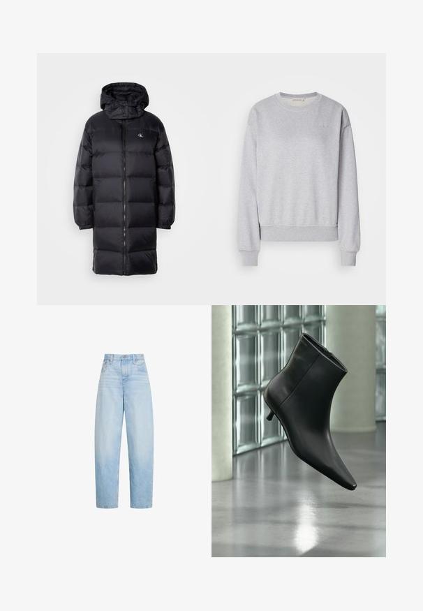 Zwarte gewatteerde jas met een capuchon, voorzien van een ritssluiting, elastische manchetten en een logo op de borst. Zachte textuur en knie-lange ontwerp.; Grijze katoenen sweatshirt met lange mouwen, ronde hals, geribbelde manchetten en onderrand, met een subtiele geborduurde logo op de borst.; Lichtblauwe, hooggetailleerde, rechte jeans met voorzakken, riemlussen en knoopsluiting.; Zwarte leren enkellaars met spits toelopende neus en lage kittenhak, schuin weergegeven tegen een gepolijste vloer en een glazen blokken muur als achtergrond.